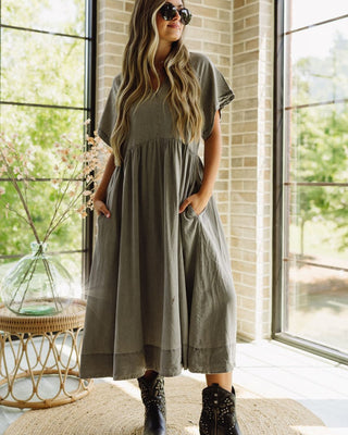 Brooke Washed Grey Midi Dress - Full front view