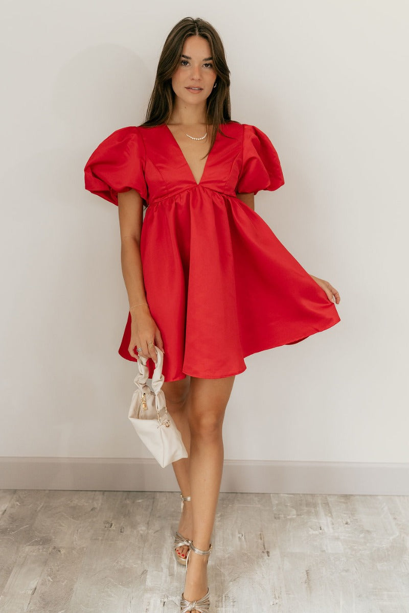 Red Puff Sleeve Dress – Sophia Satin Mini Dress Lizard Thicket