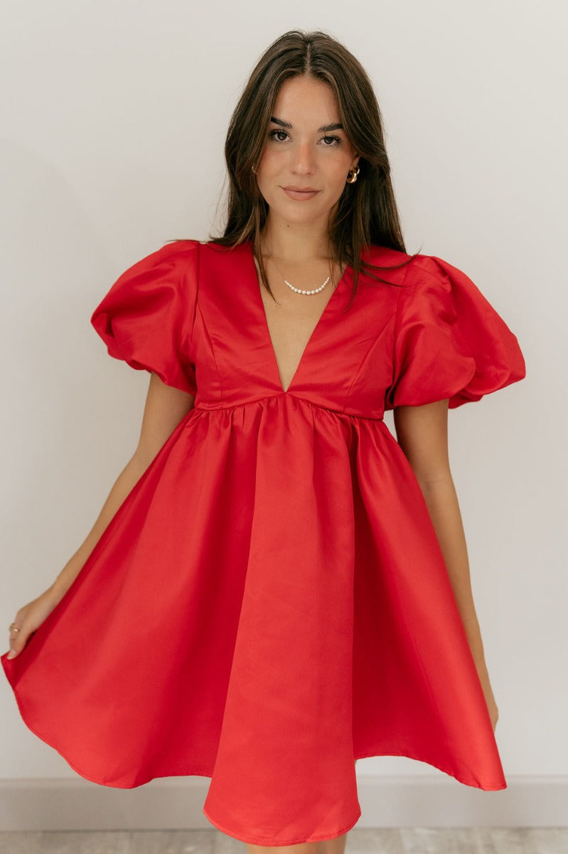 puffy short dresses Red Puff Sleeve Dress – Sophia Satin Mini Dress