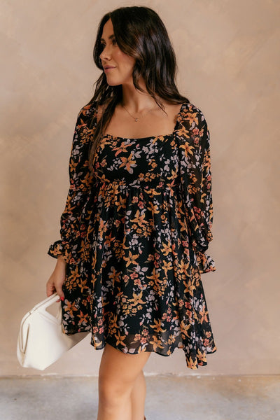 Aurora Black Multi Floral Long Sleeve Mini Dress - Lizard Thicket Aurora Black Multi Floral Long Sleeve Mini Dress - Lizard Thicket