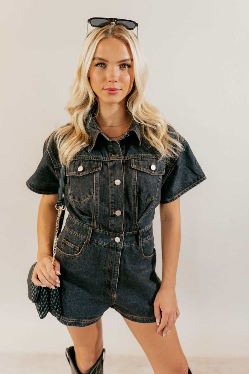 Ruth Black Denim Short Sleeve Romper Lizard Thicket