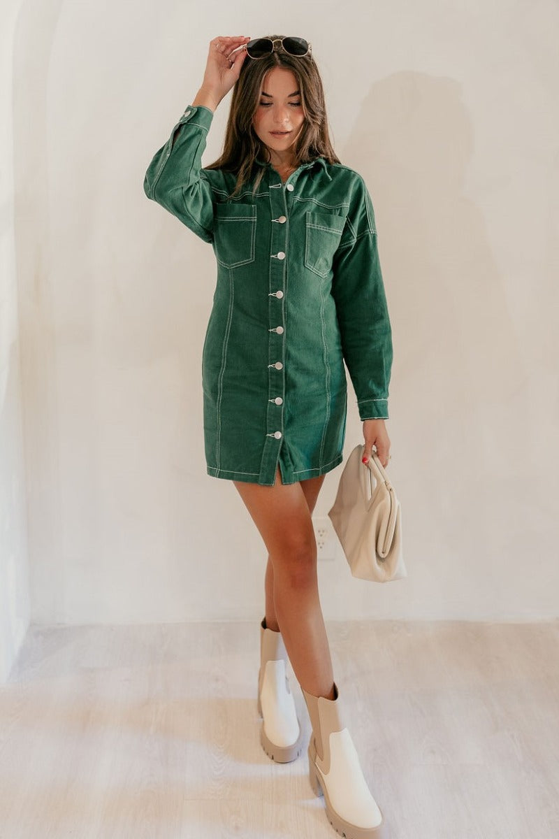 Green Cotton Green Dress Featuring Elegant Stitching Detail