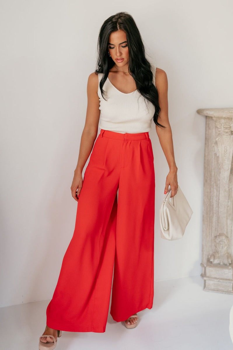 red wide leg dress pants Women's Red Wide-Leg Pants