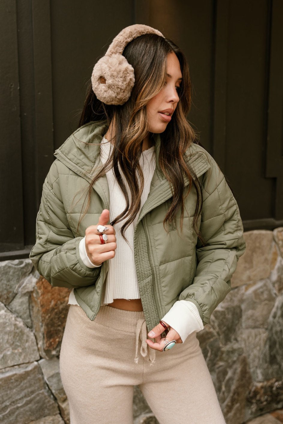 Sophia Olive Quilted Puffer Jacket- front view