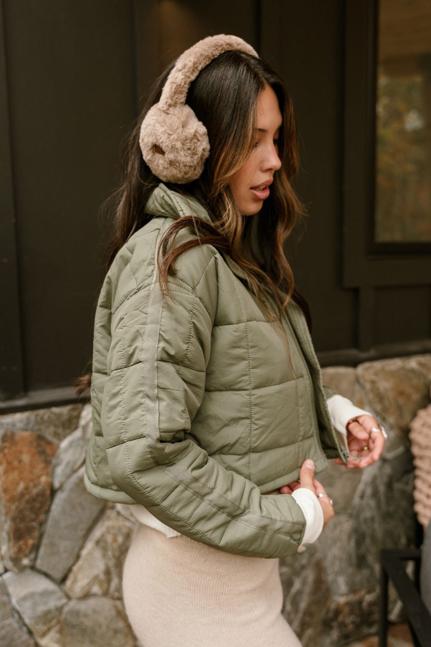 Sophia Olive Quilted Puffer Jacket- close up frontal side view