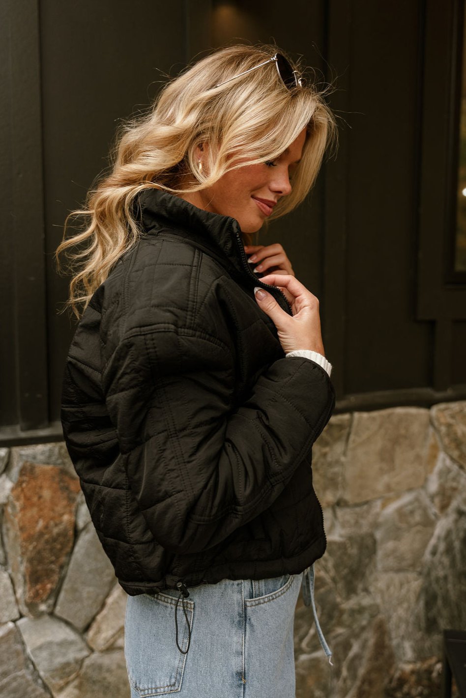 Sophia Black Quilted Puffer Jacket-close up side view