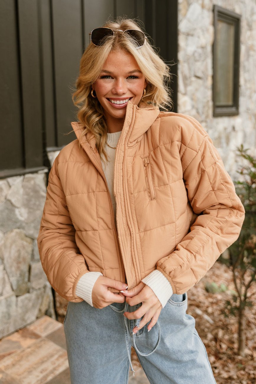 Sophia Camel Quilted Puffer Jacket- front view