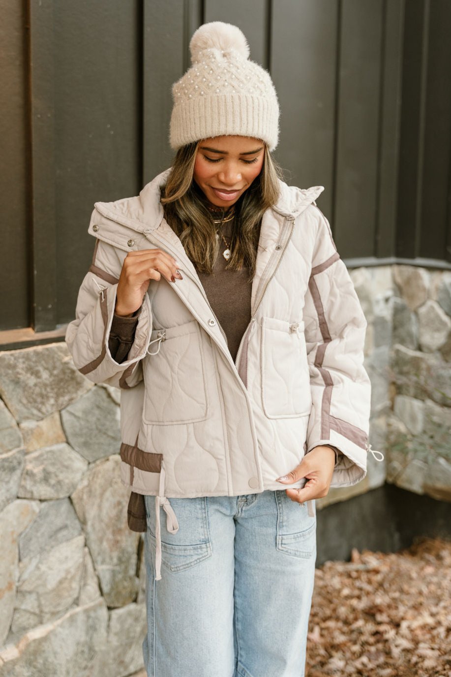 Charlotte Ecru Quilted Puffer Jacket- close up front view