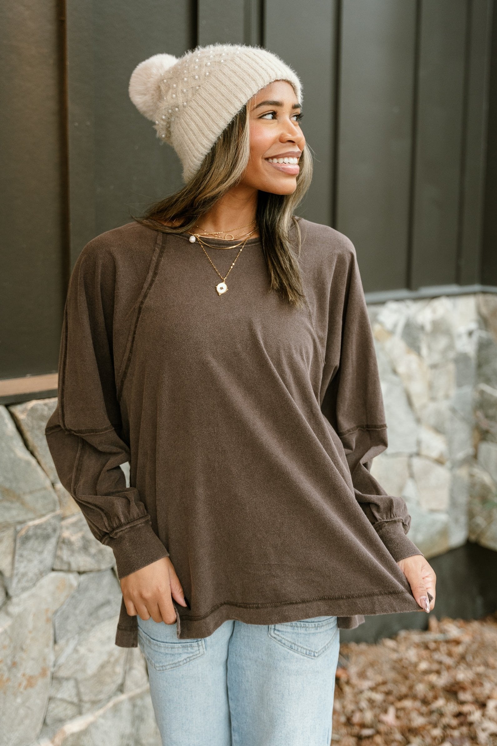 Carter Washed Brown Side Slit Tee - Front view 2