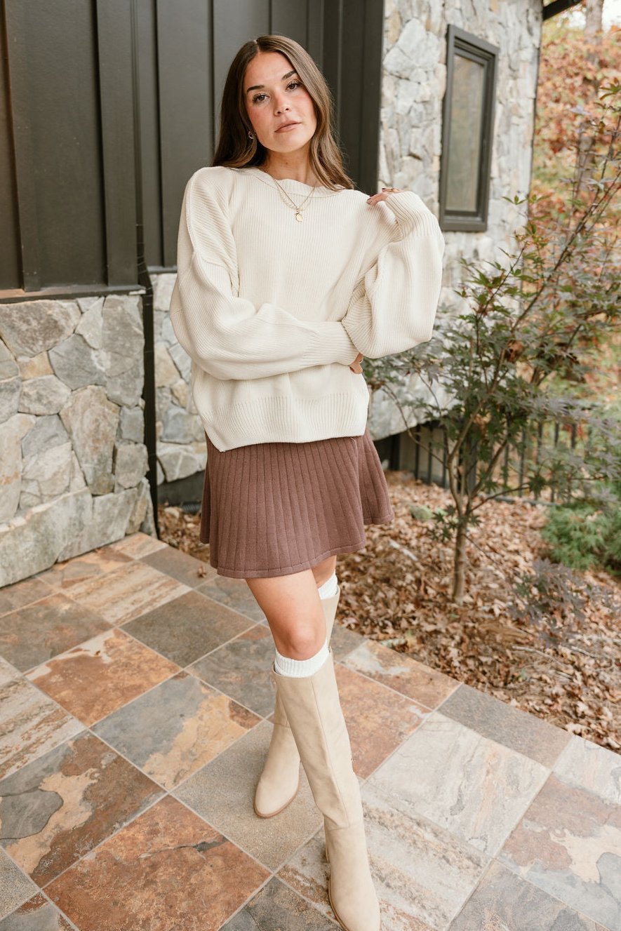 Aspen Cream Ribbed Knit Sweater- front full body view