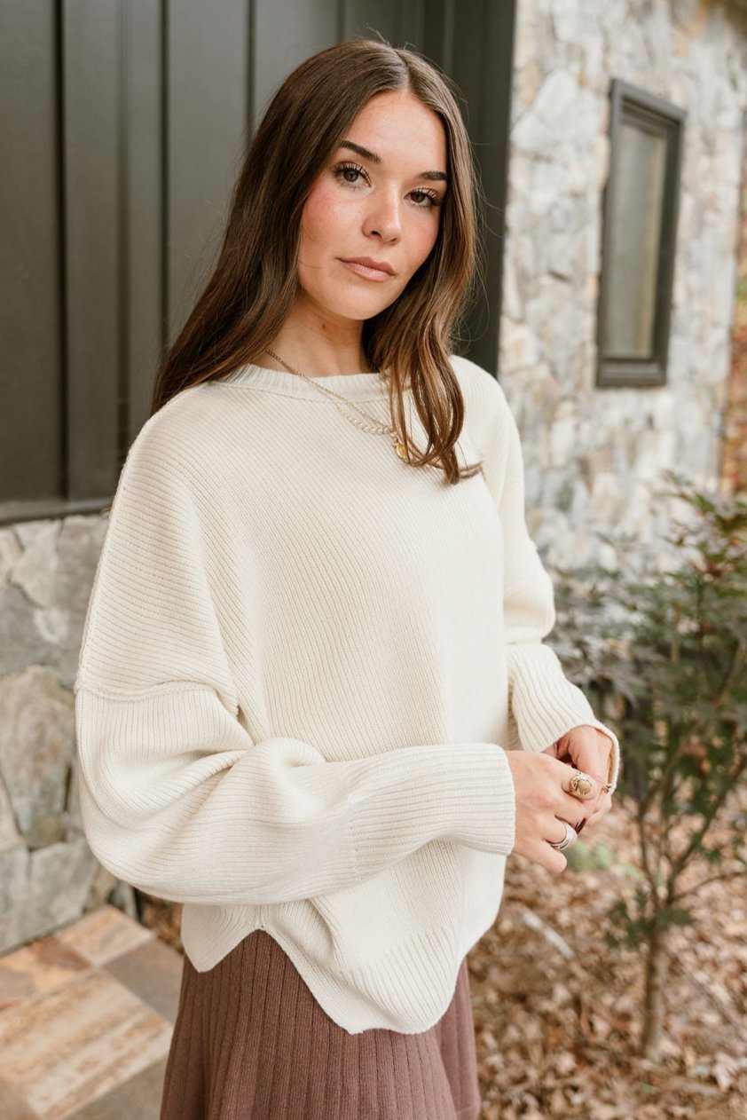 Aspen Cream Ribbed Knit Sweater- side view