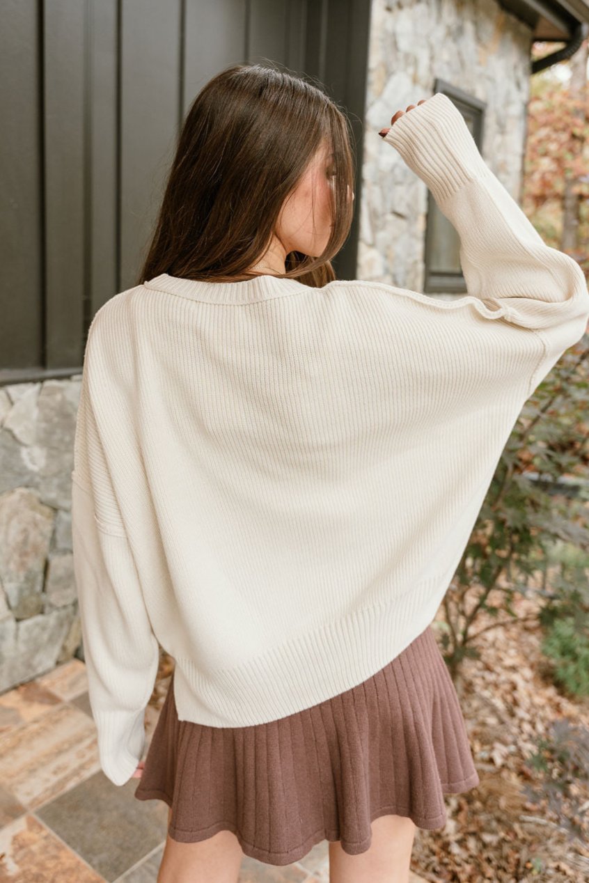 Aspen Cream Ribbed Knit Sweater- close up back view