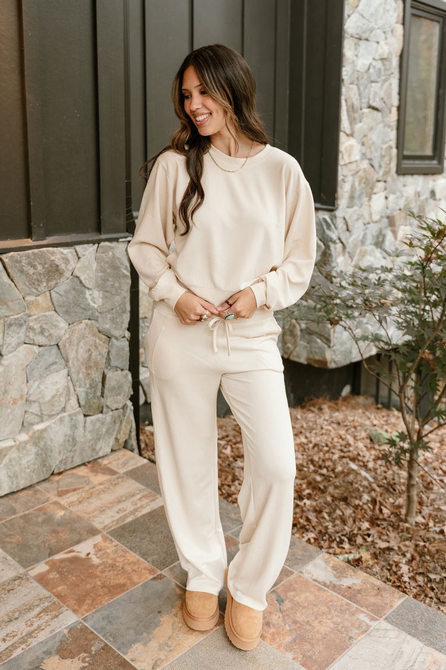 Lina Cream Butter Soft Round Neck Pullover - Full body front view