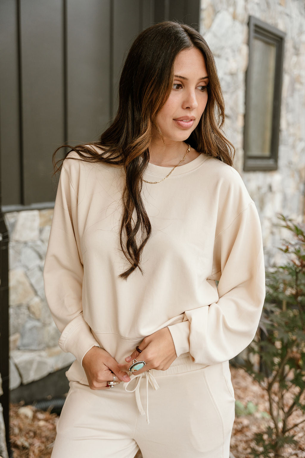 Lina Cream Butter Soft Round Neck Pullover - Close up front view