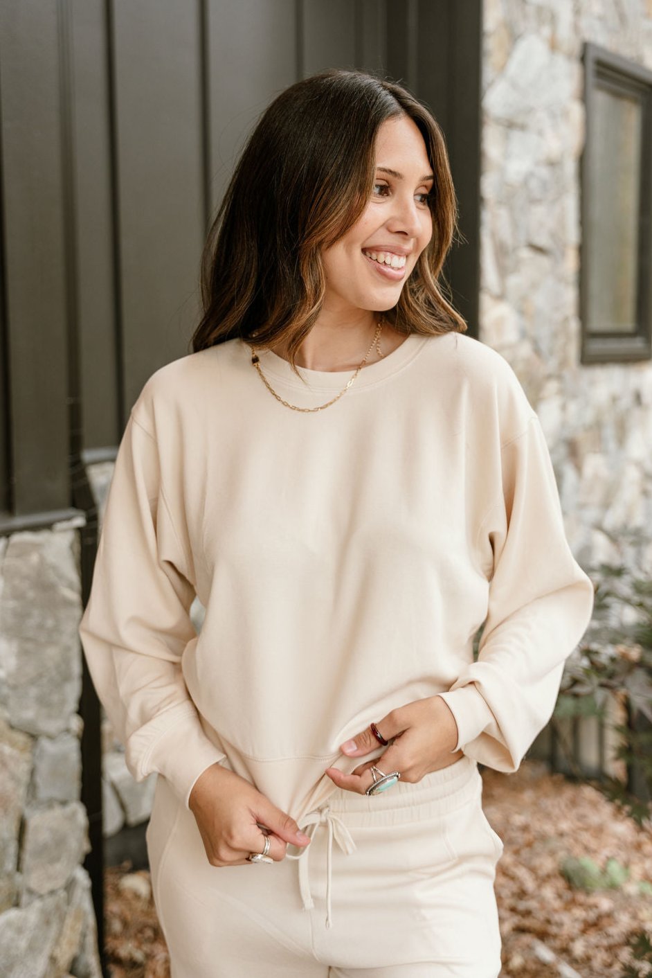 Lina Cream Butter Soft Round Neck Pullover - Front view