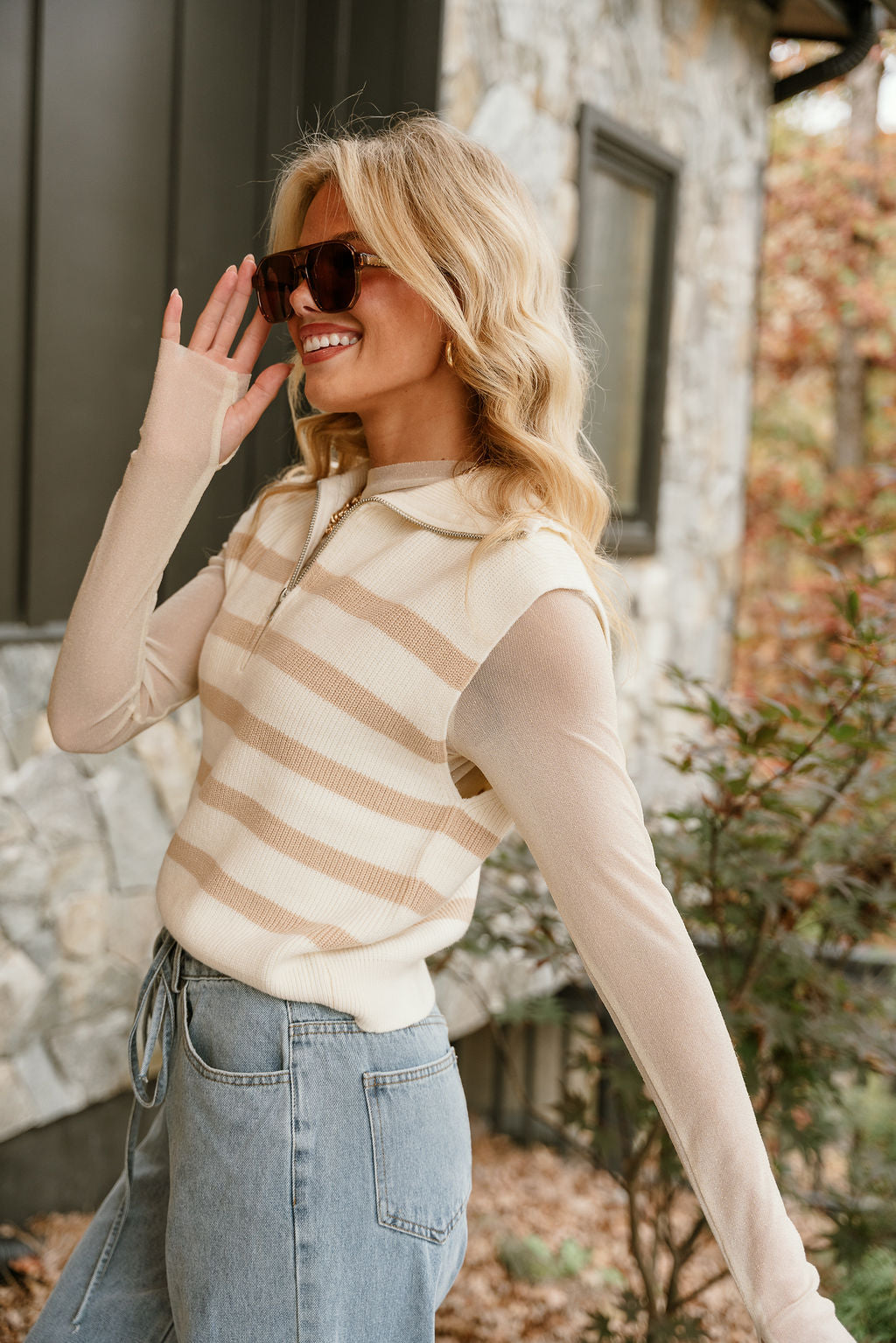 Ayla Cream & Taupe Stripe Sweater Vest- frontal side top view