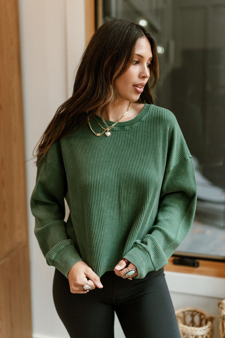 Rylie Dark Green Cropped Thermal Top - Front view