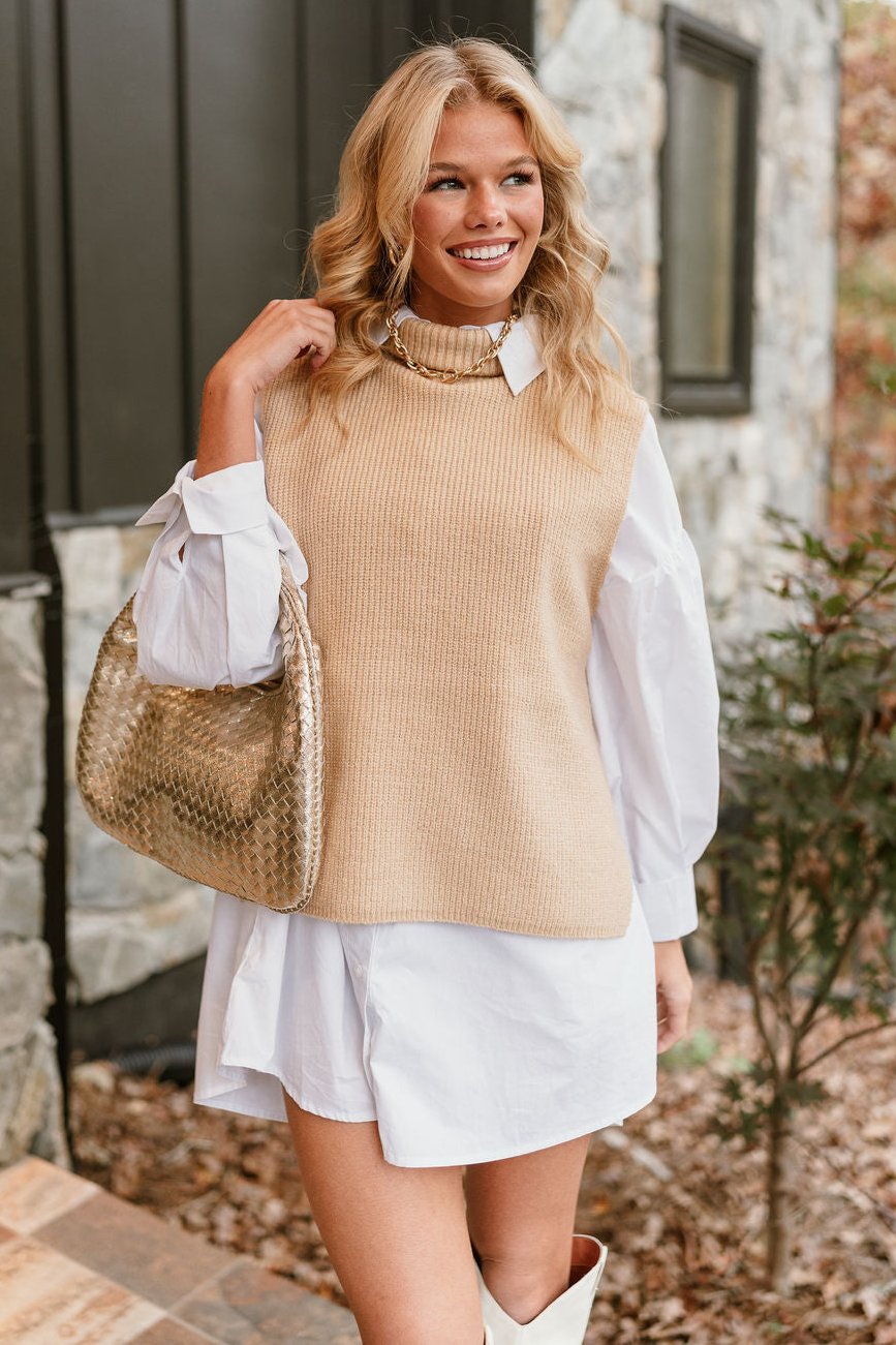 Elena Taupe High Neck Sweater Vest- front view