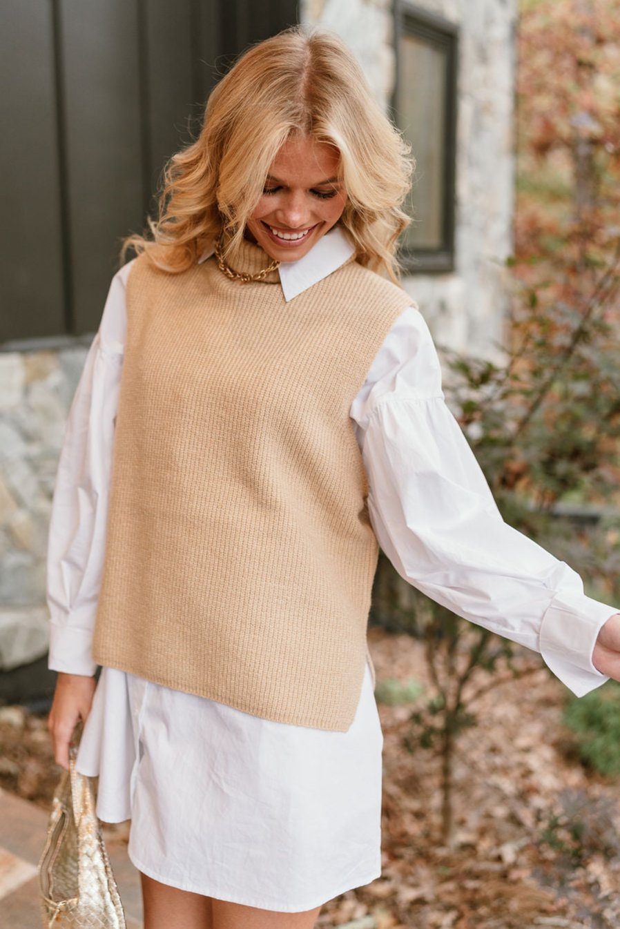 Elena Taupe High Neck Sweater Vest- frontal side view