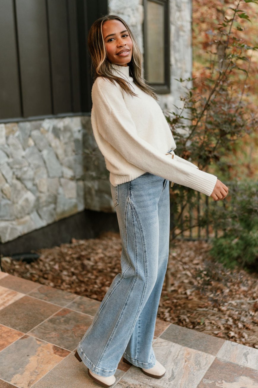 Emersyn Cream High Neck Sweater- full body side view