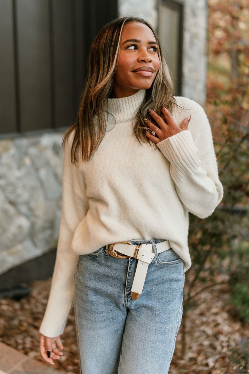 Emersyn Cream High Neck Sweater- frontal side view