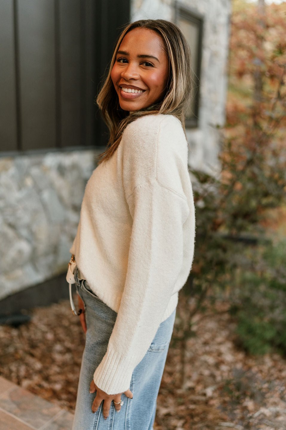 Emersyn Cream High Neck Sweater- close up side view