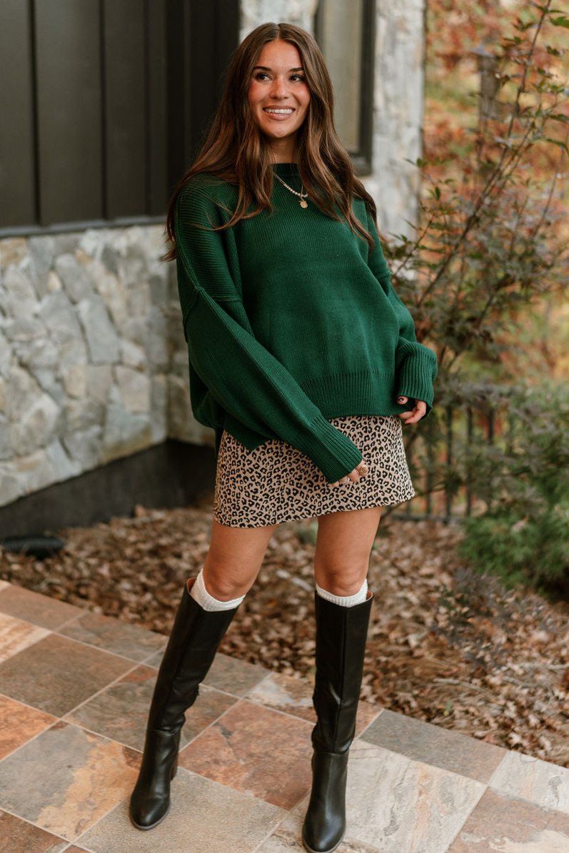 Aspen Dark Green Ribbed Knit Sweater- front view