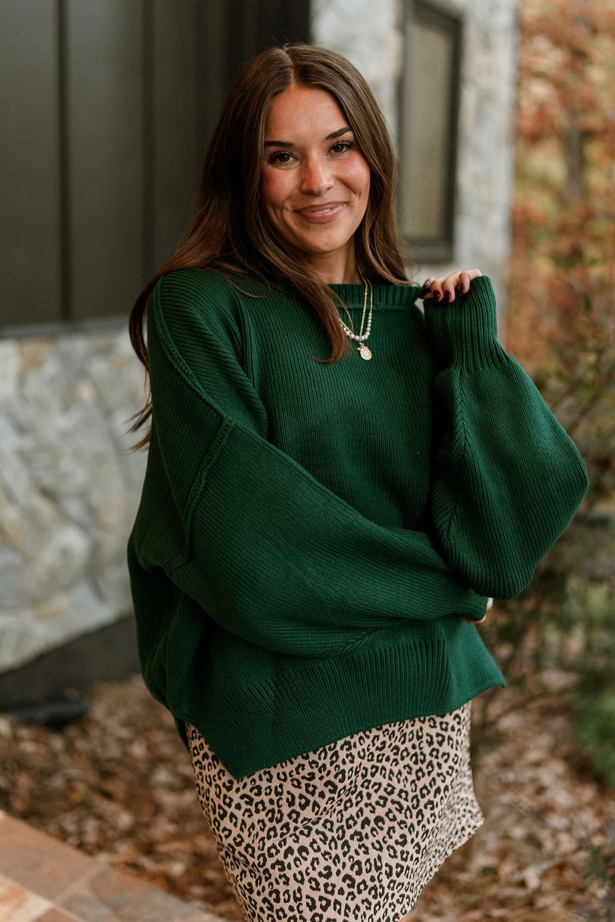 Aspen Dark Green Ribbed Knit Sweater- top view