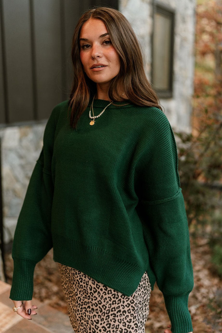 Aspen Dark Green Ribbed Knit Sweater- frontal side view