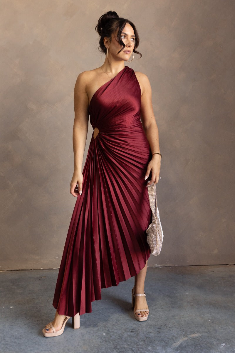 Esmeralda Maroon Pleated Satin Asymmetrical Dress