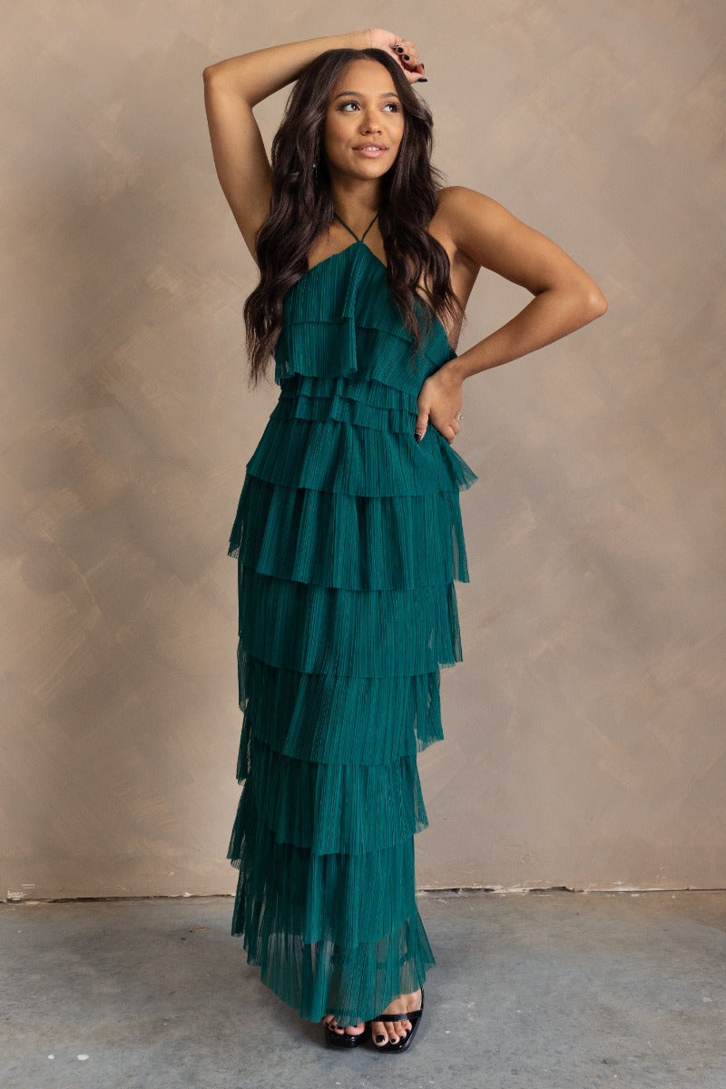 Amora Green Plisse Tiered Ruffle Maxi Dress - Lizard Thicket Amora Green Plisse Tiered Ruffle Maxi Dress - Lizard Thicket