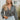 Frontal view of the Around The Block Top that features a navy chiffon material, a taupe and green geometric print, a collar neckline, a button-up front, and a long sleeve.