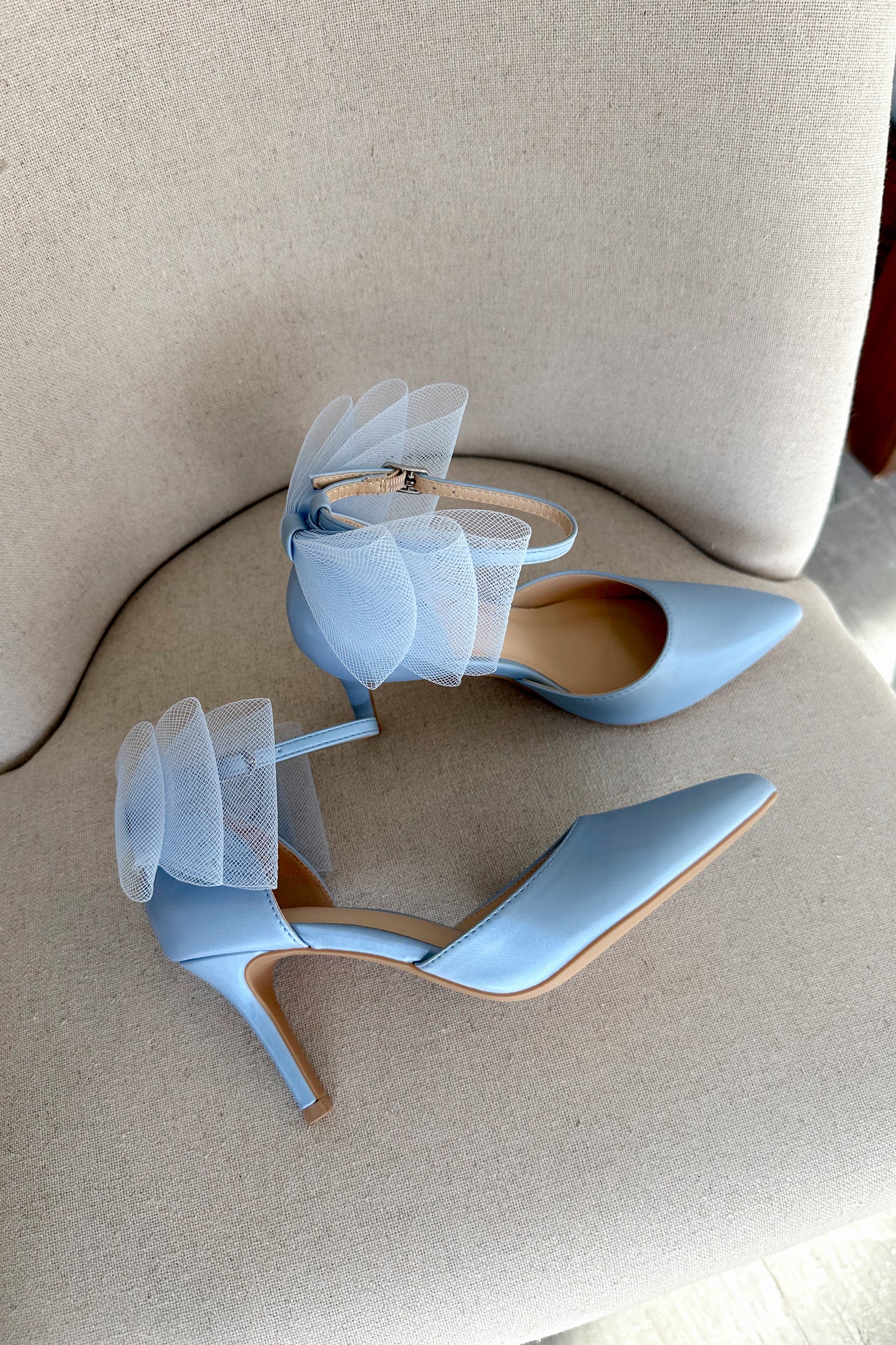 Karmen Blue Bow Pointed Toe Heel- flat lay side view