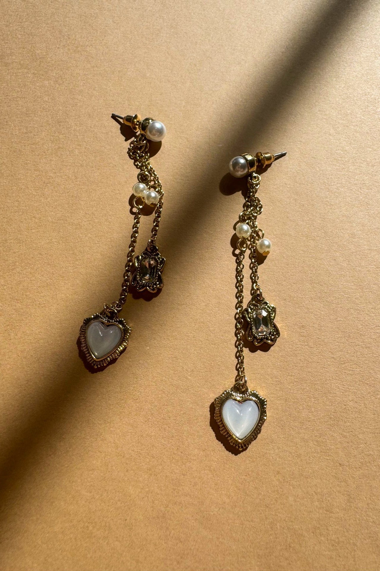Leslie Gold & Pearl Heart Dangle Earring- close up front view