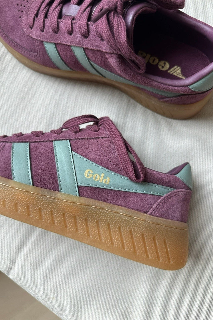Gola Grandslam Suede Trainer Wine & Green Mist Sneaker- close up details view