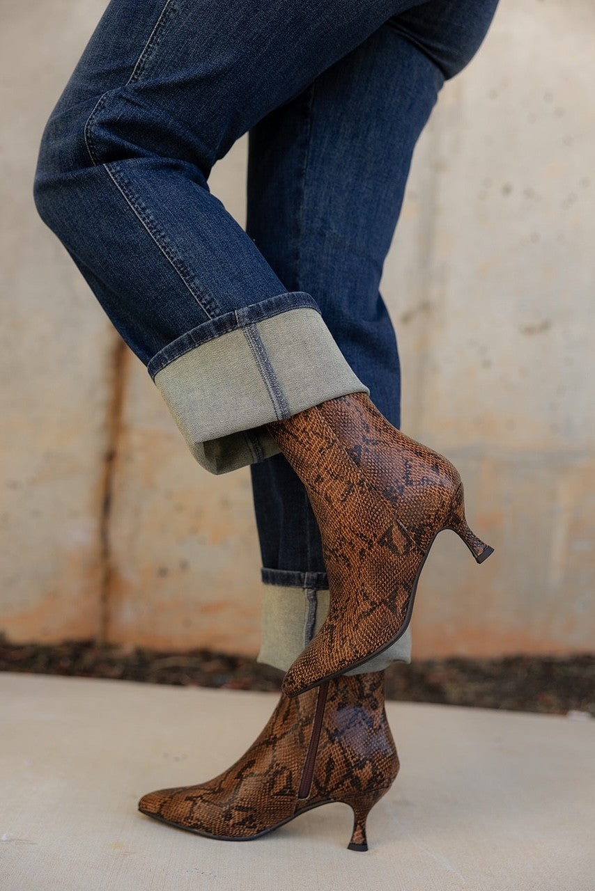 Mia Ediva Brown Snake Pointed Toe Boot- side view