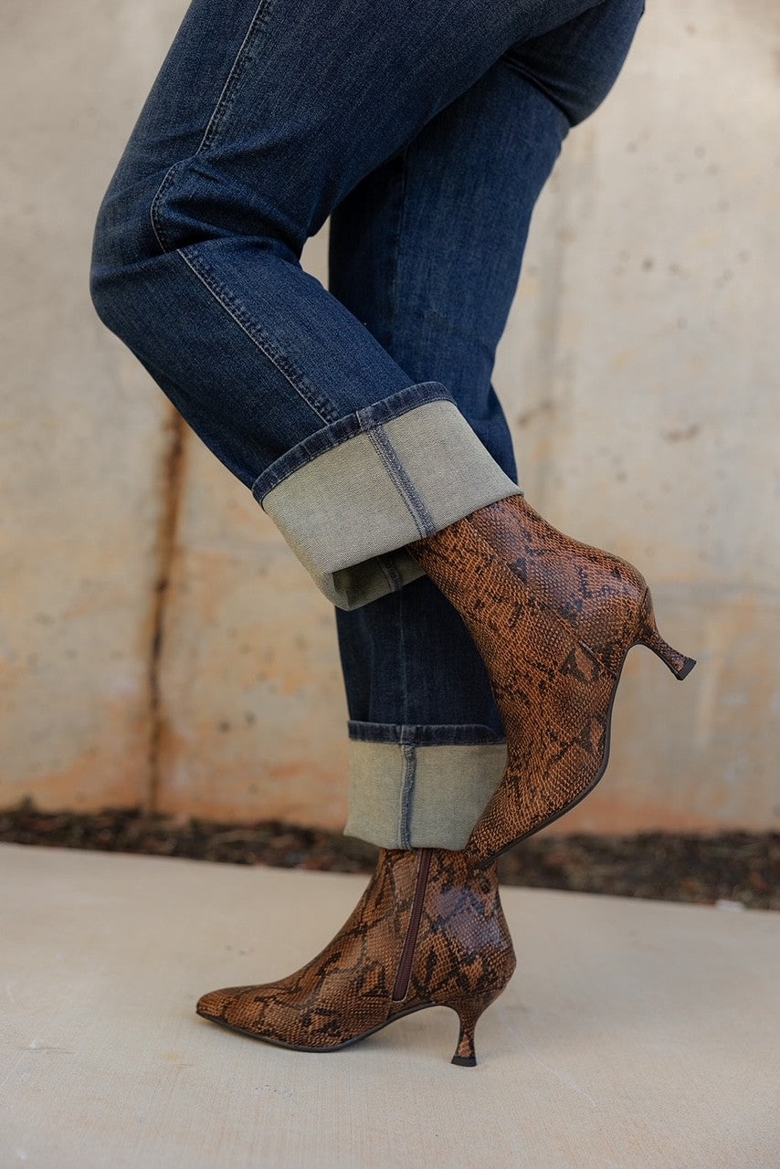 Mia Ediva Brown Snake Pointed Toe Boot- full side view
