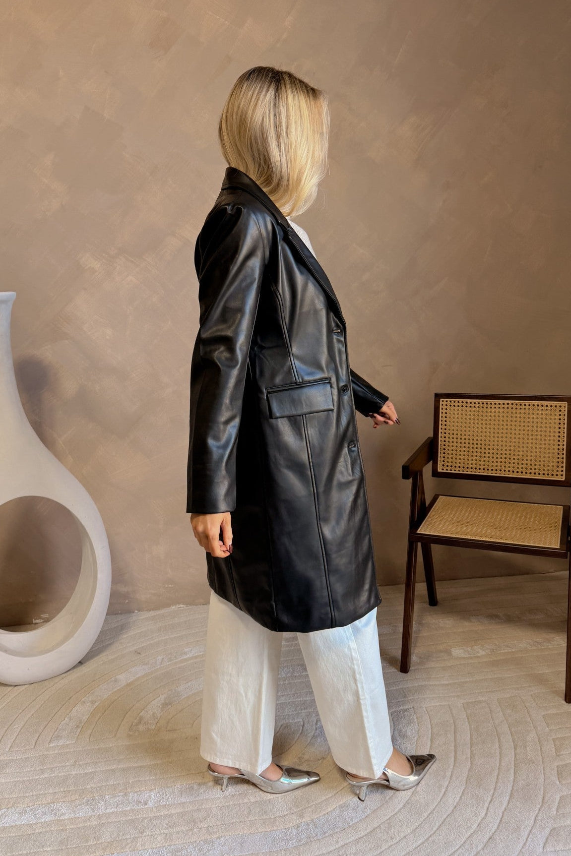 Freya Black Faux Leather Coat - side view