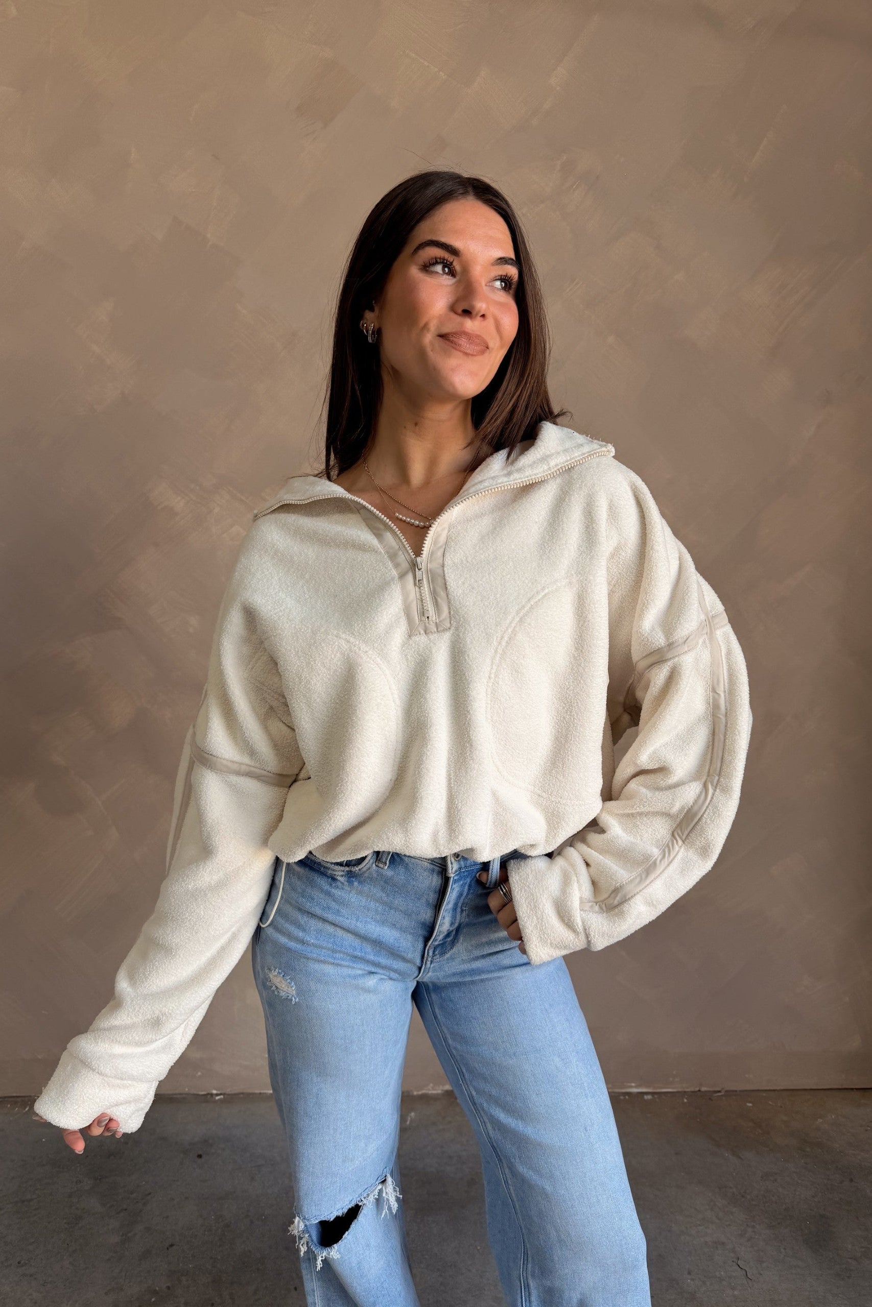 Gia Ivory & Beige Quarter Zip Pullover - front view