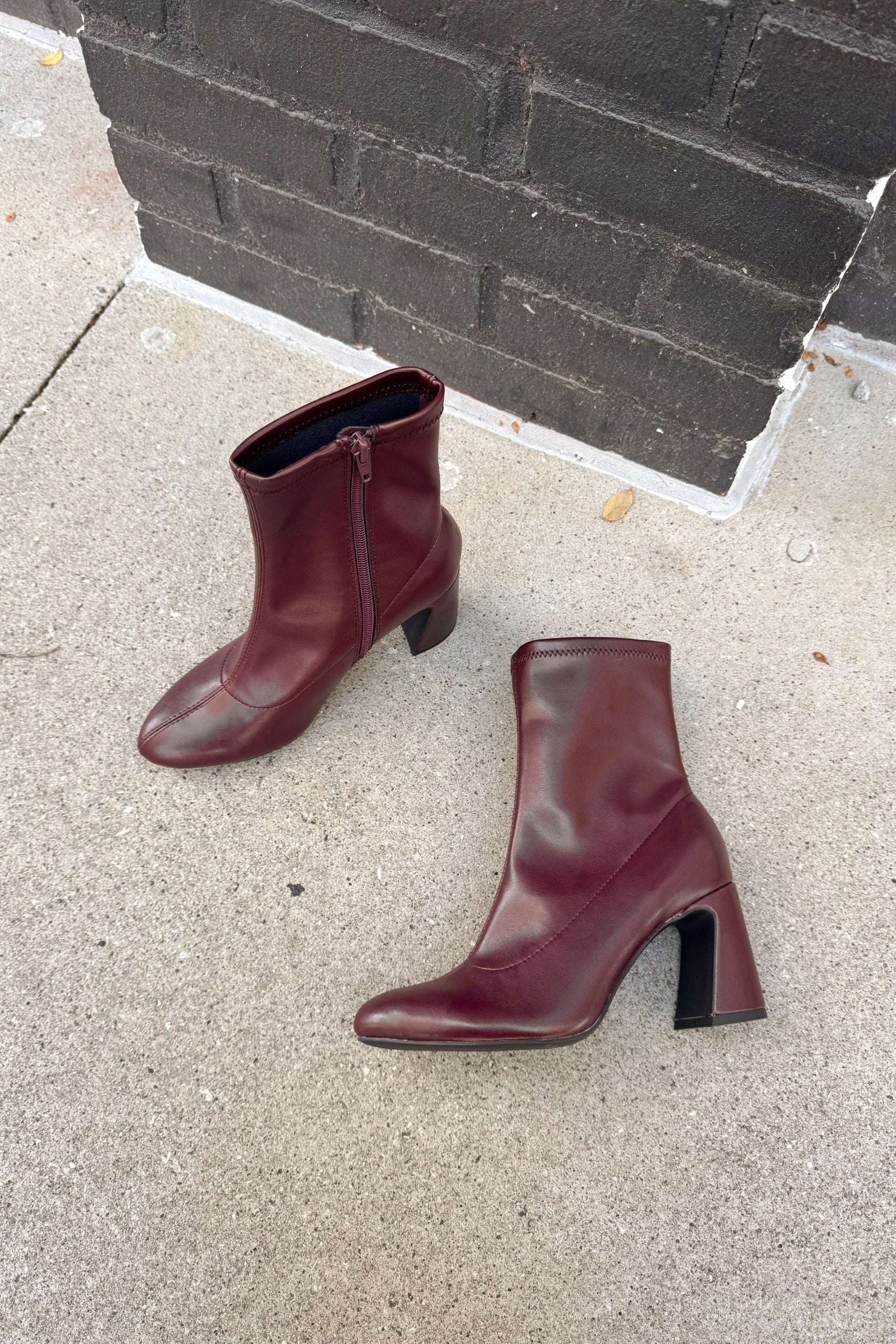 Mia Thiva Burgundy Block Heel Boot- front flat lay view