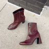 Mia Thiva Burgundy Block Heel Boot- front flat lay view