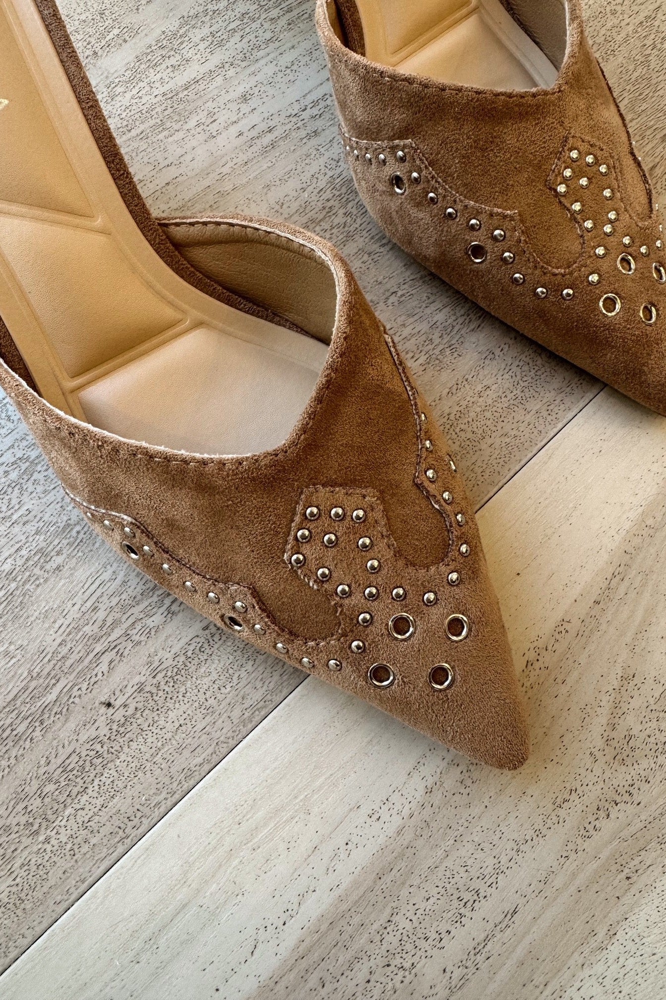 Morley Camel Suede Embellished Mule- frontal top view