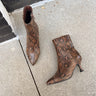 Mia Ediva Brown Snake Pointed Toe Boot- flat lay view