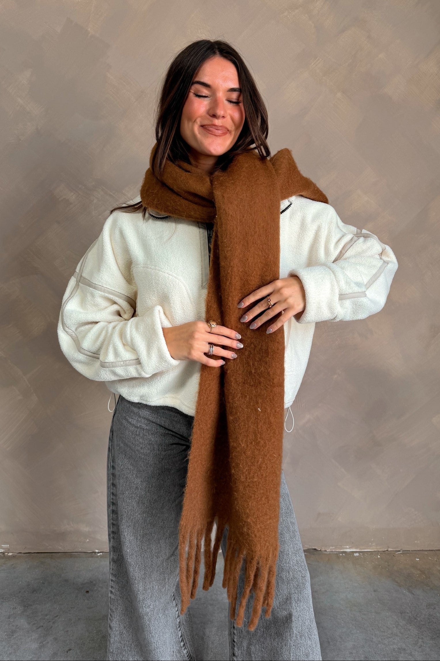 Marlowe Brown Fringe Scarf - shown wrapped around model