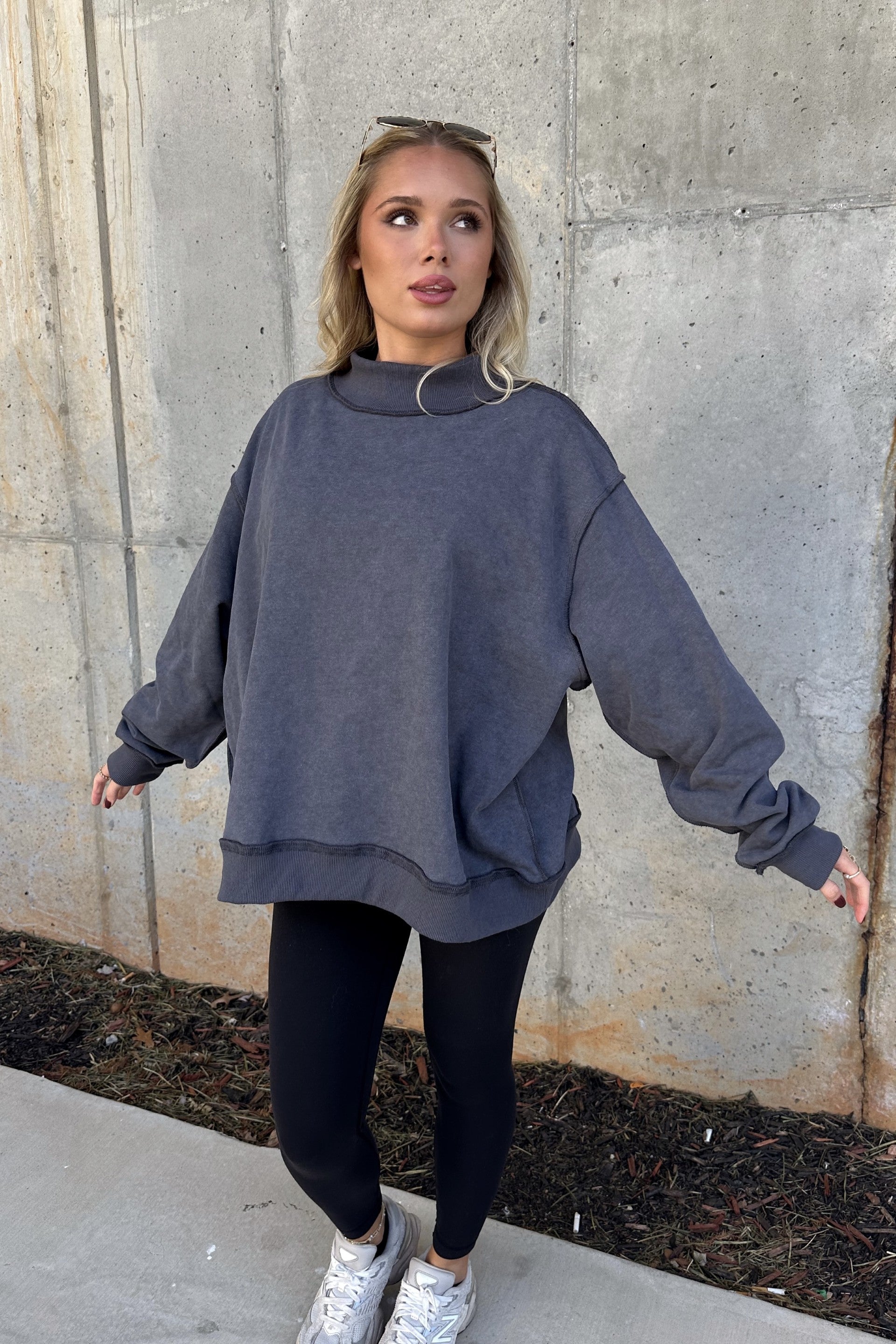 Hadley Charcoal Grey Mineral Wash Sweatshirt- full body view
