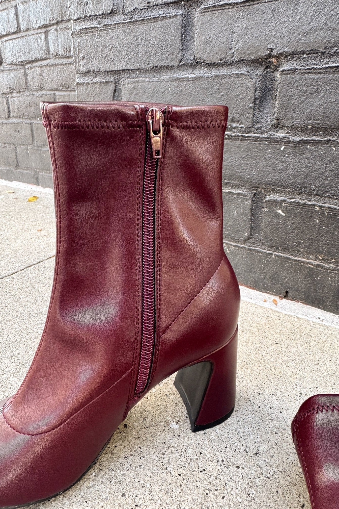 Mia Thiva Burgundy Block Heel Boot- close up side view