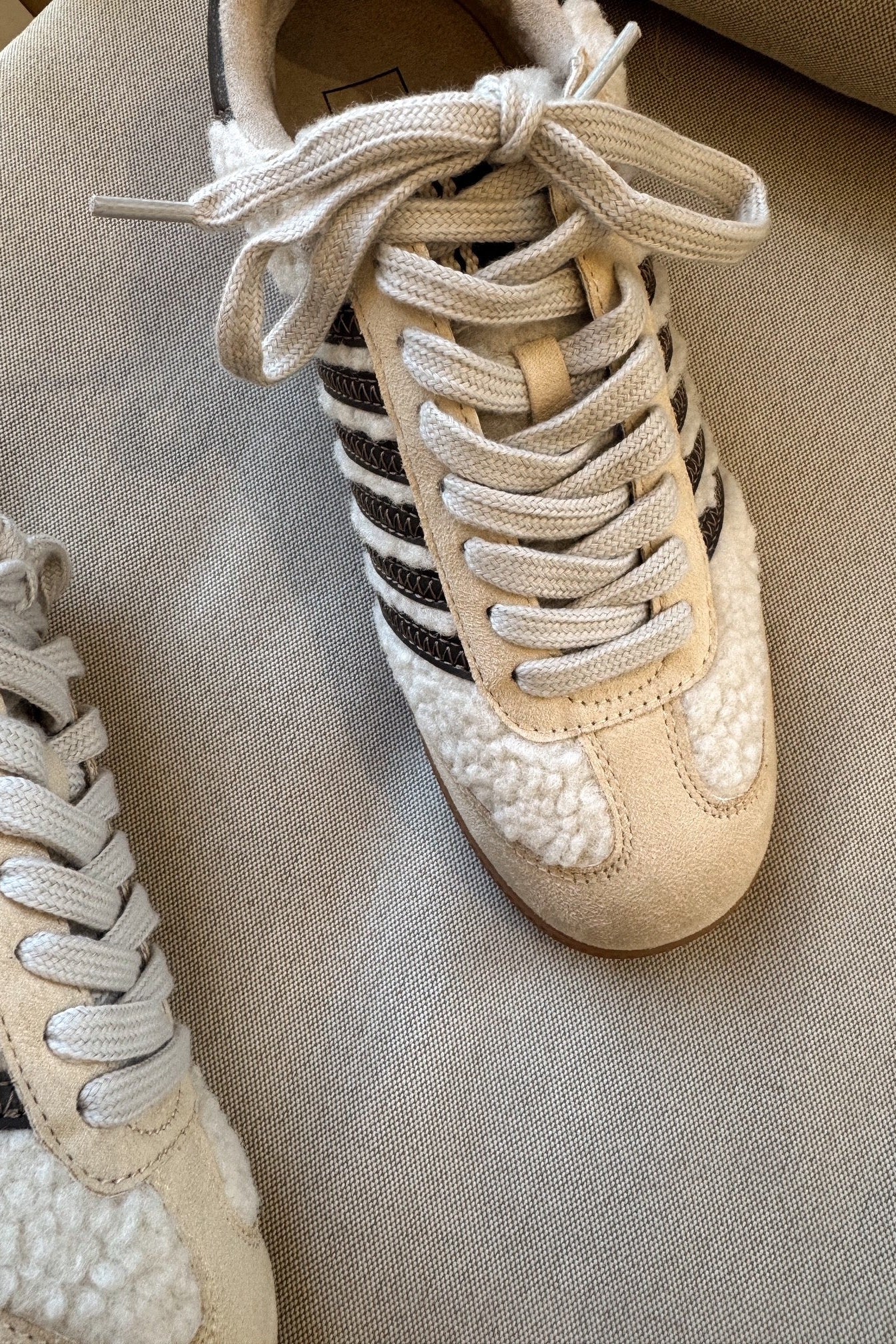 Shu Shop Stevie Beige Shearling Sneaker- toe view
