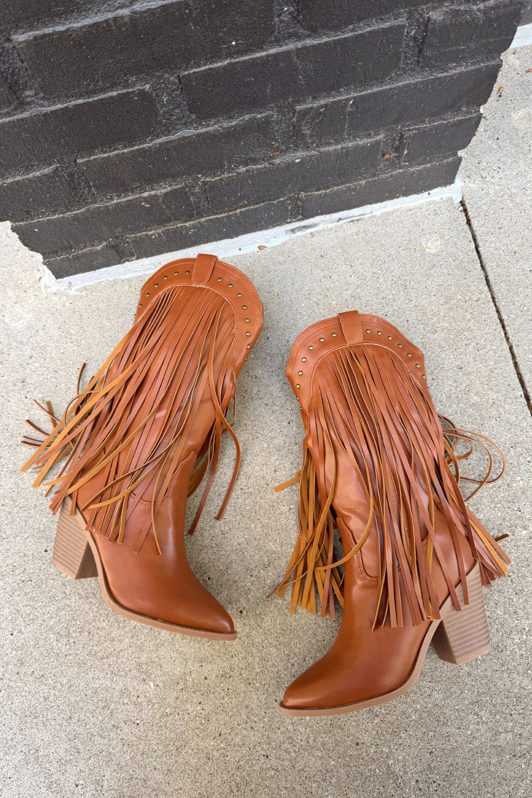Aubrey Brown Fringe Western Tall Boot- flat lay view
