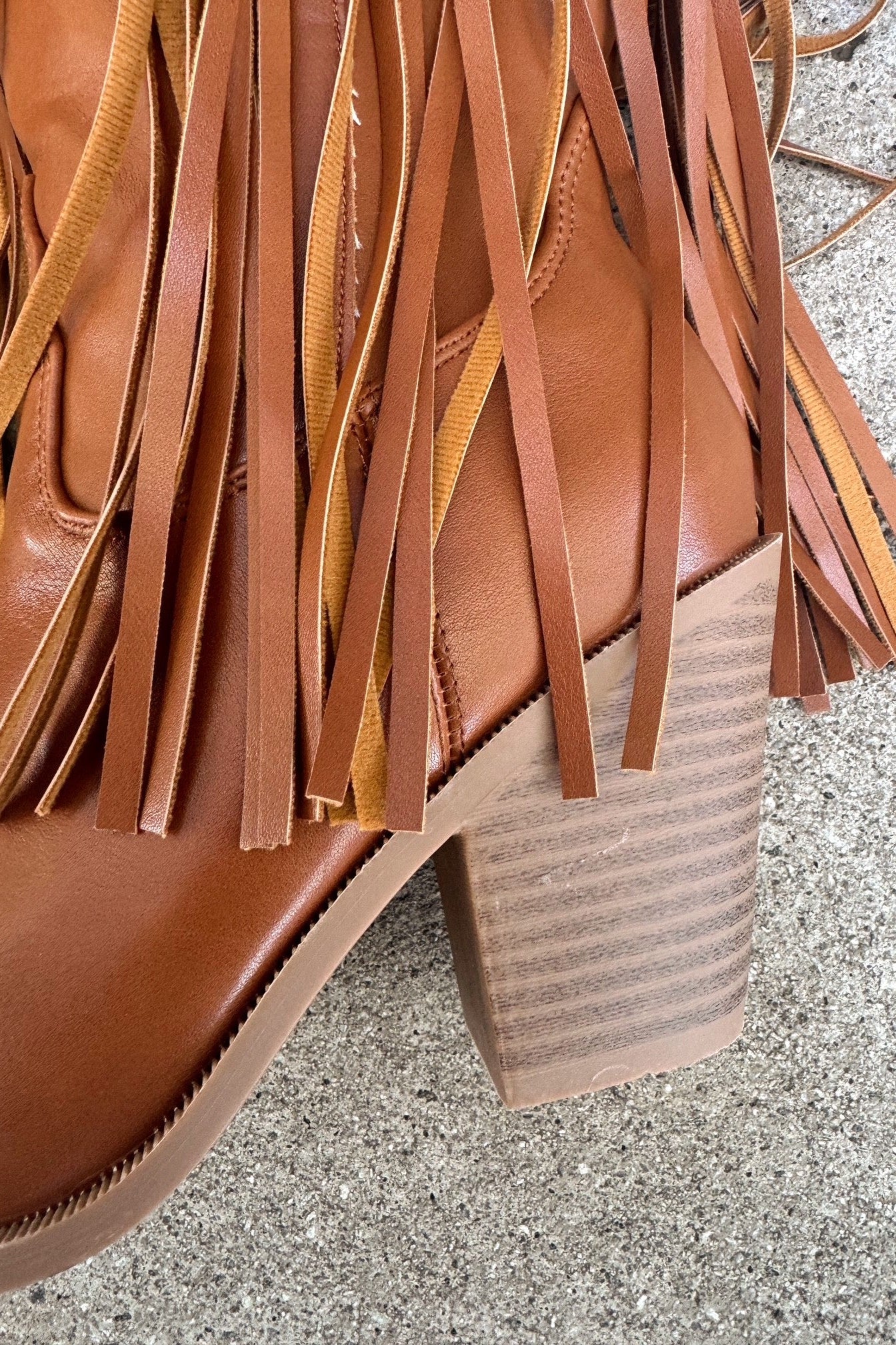 Aubrey Brown Fringe Western Tall Boot- close up heel side view