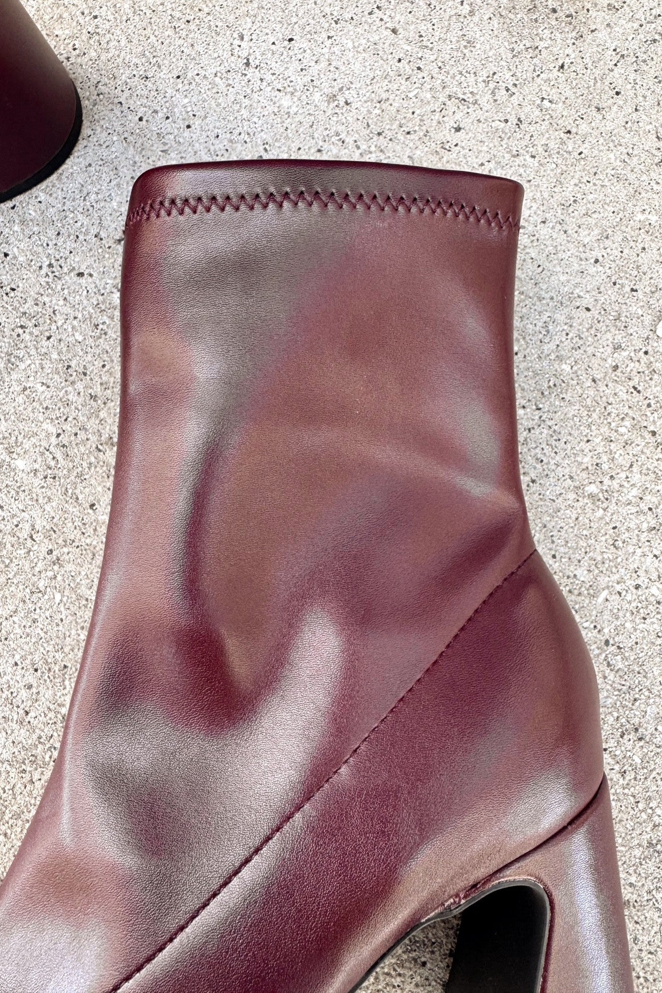 Mia Thiva Burgundy Block Heel Boot- close up top view